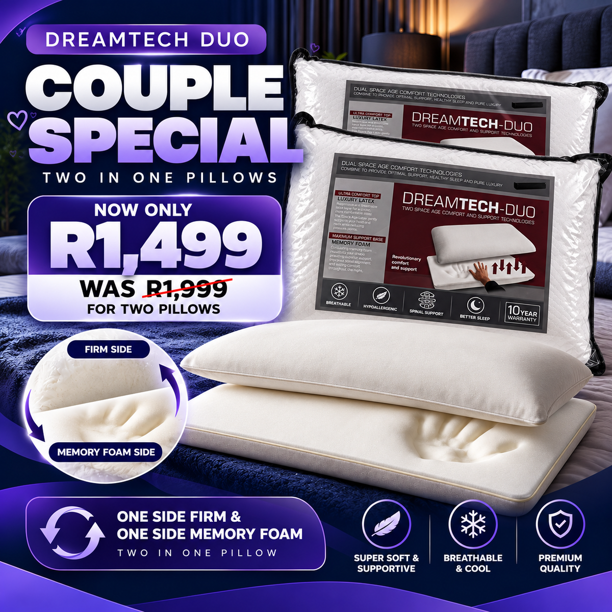 2x Dreamtech Duo Memory & Firm Pillows